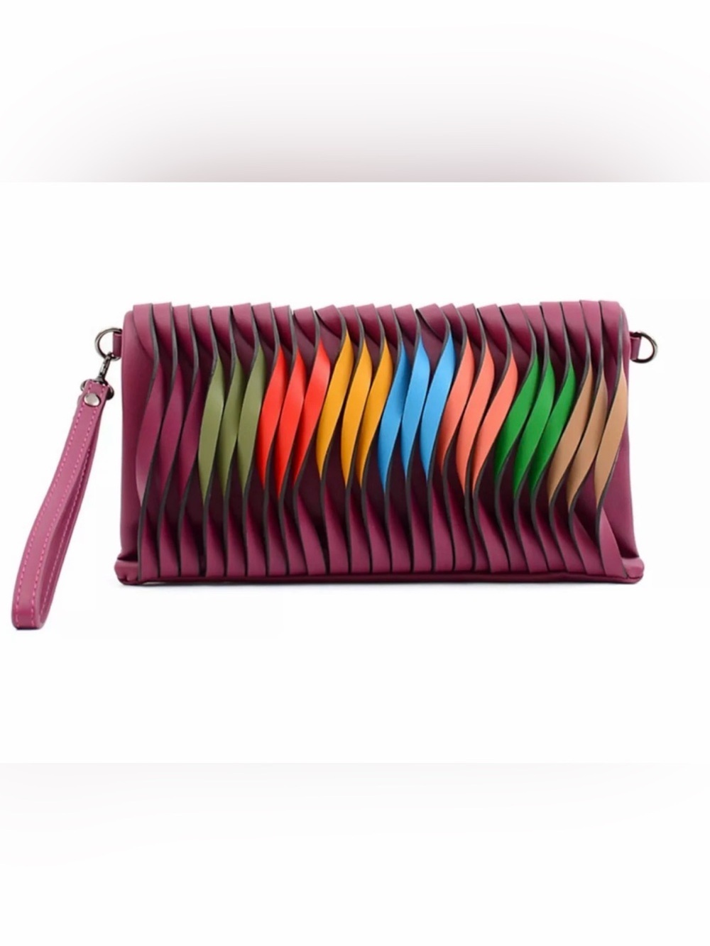 Multicolor Pleated Wristlet Clutch in Burgundy